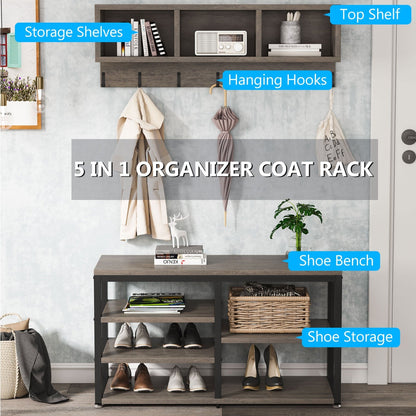 Ensemble porte-manteau et banc à chaussures pour entrée, style industriel.