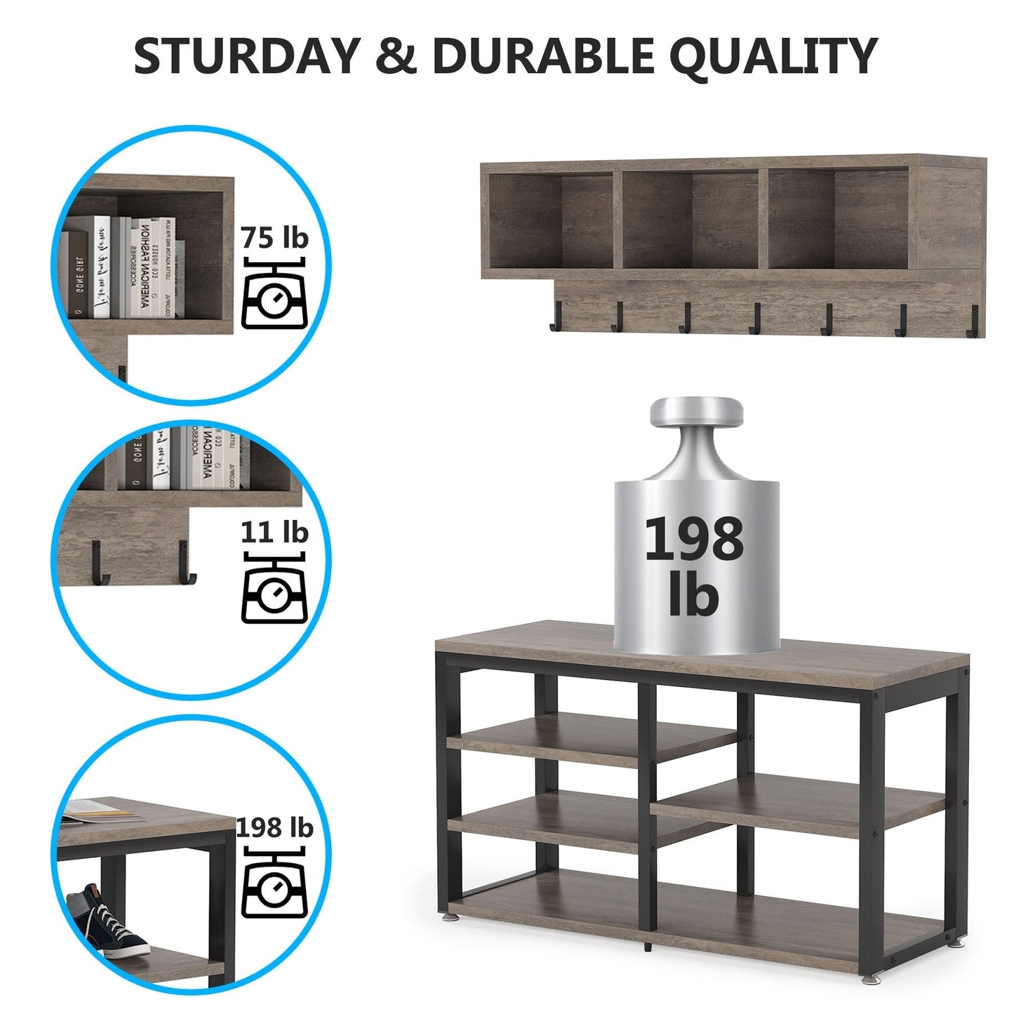 Ensemble porte-manteau et banc à chaussures pour entrée, style industriel.