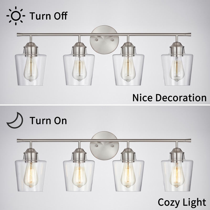 Applique murale de salle de bain KAWOTI à 4 lumières, intensité variable, en métal et avec abat-jour en verre