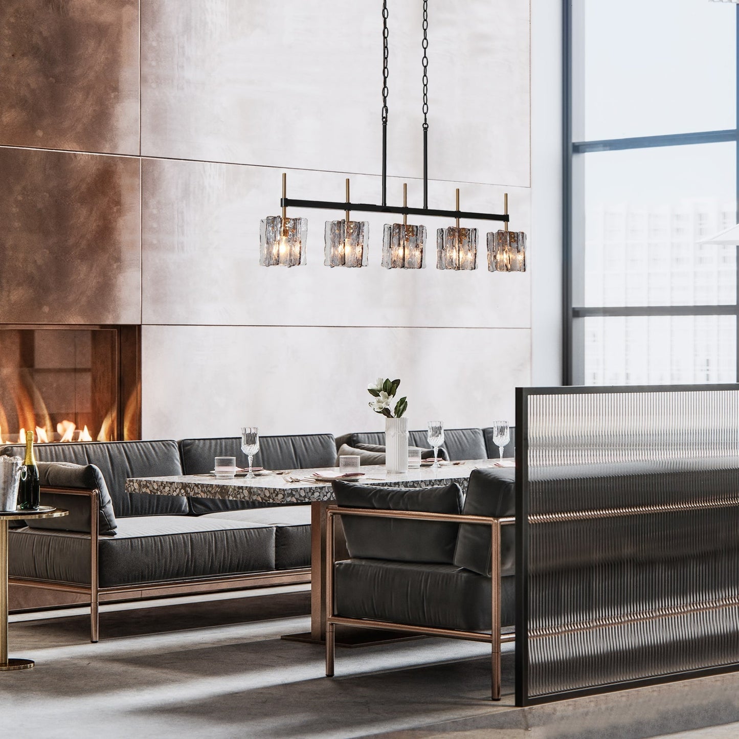 Lustre linéaire moderne Kasy à 5 lumières, en verre texturé, pour îlot de cuisine, design unique