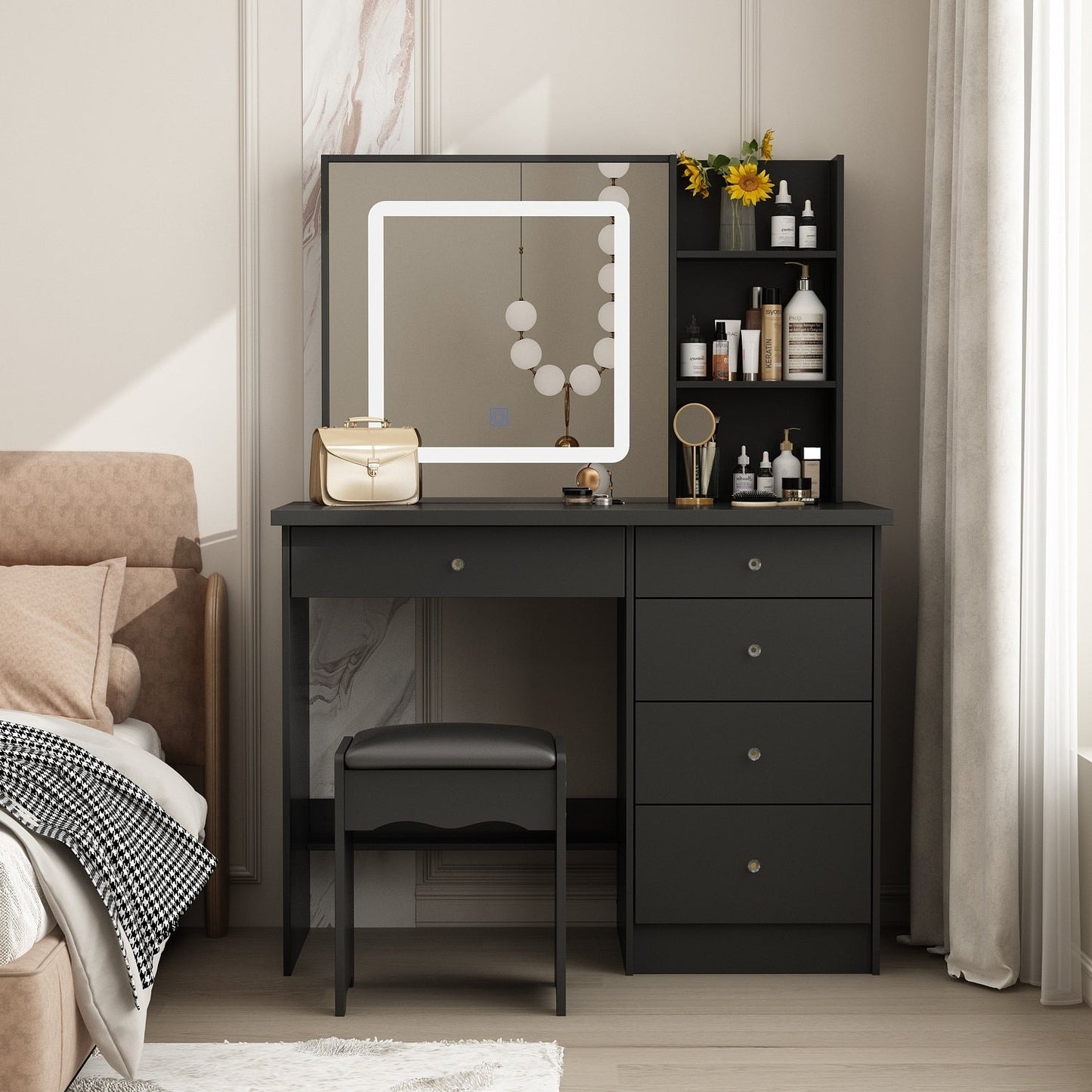 Ensemble coiffeuse Kerrogee avec miroir lumineux réglable et tabouret - 39,4 cm (L) x 19,7 cm (l) x 53,5 cm (H)