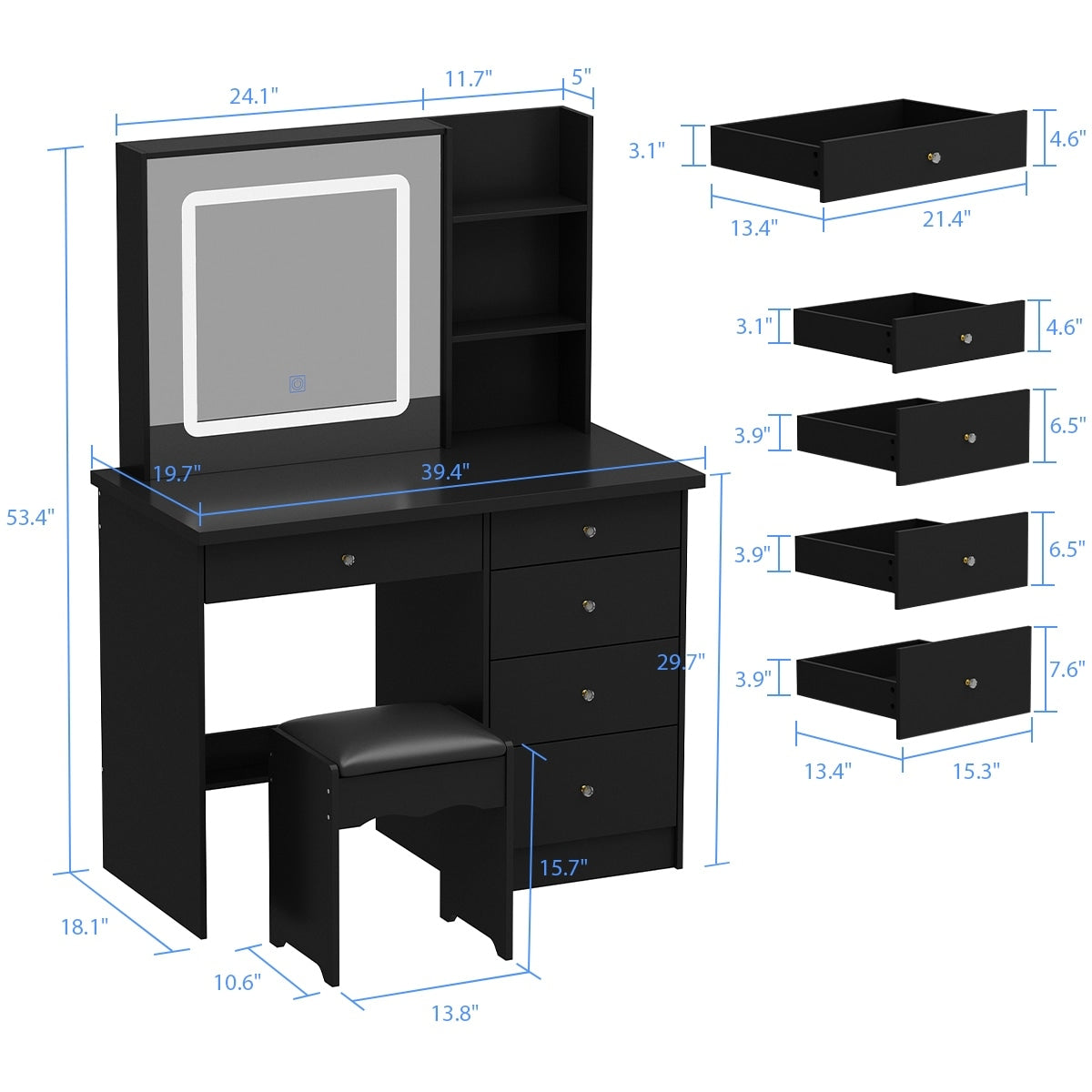 Ensemble coiffeuse Kerrogee avec miroir lumineux réglable et tabouret - 39,4 cm (L) x 19,7 cm (l) x 53,5 cm (H)