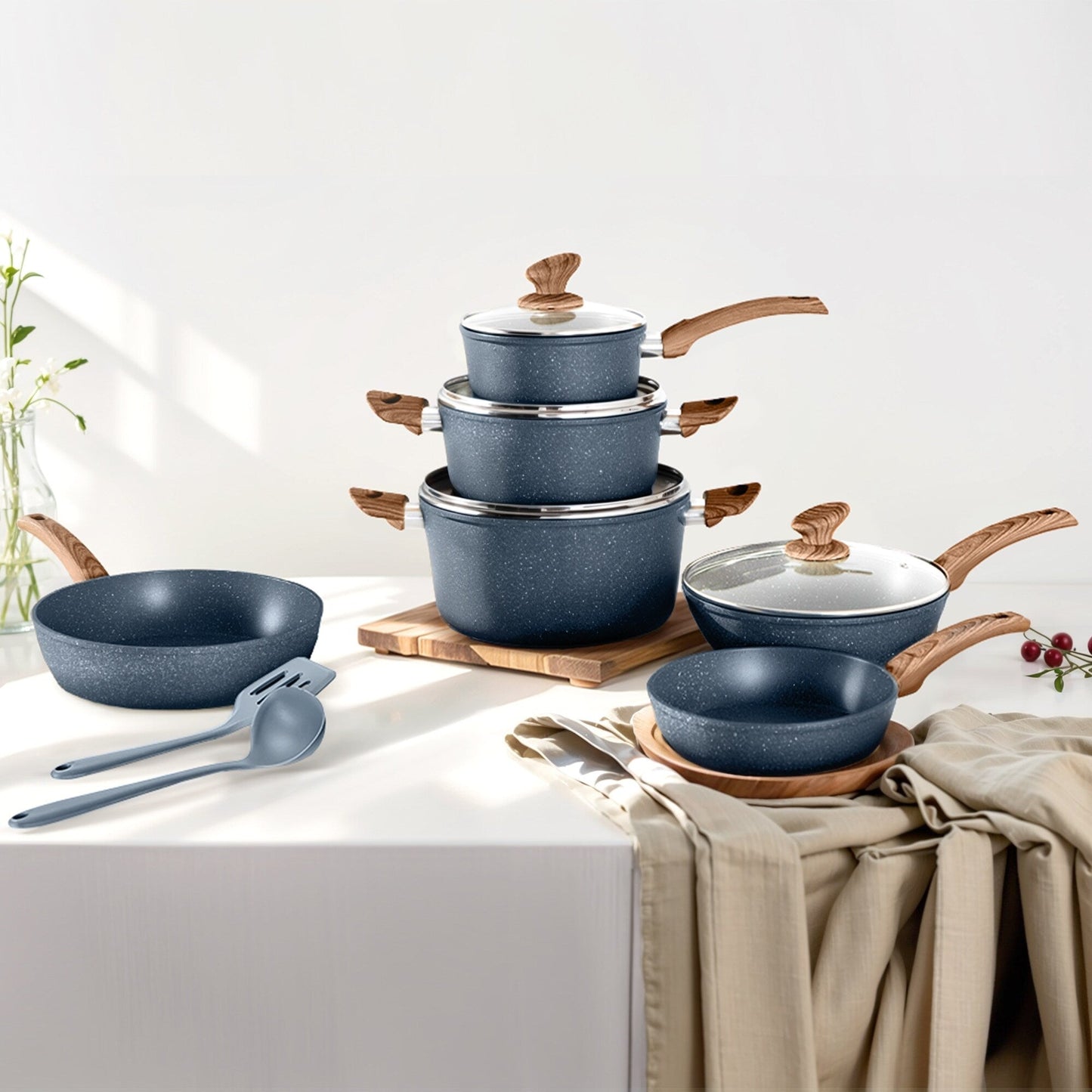 Batterie de cuisine antiadhésive, ensemble de 12 pièces (casseroles et poêles) en granit