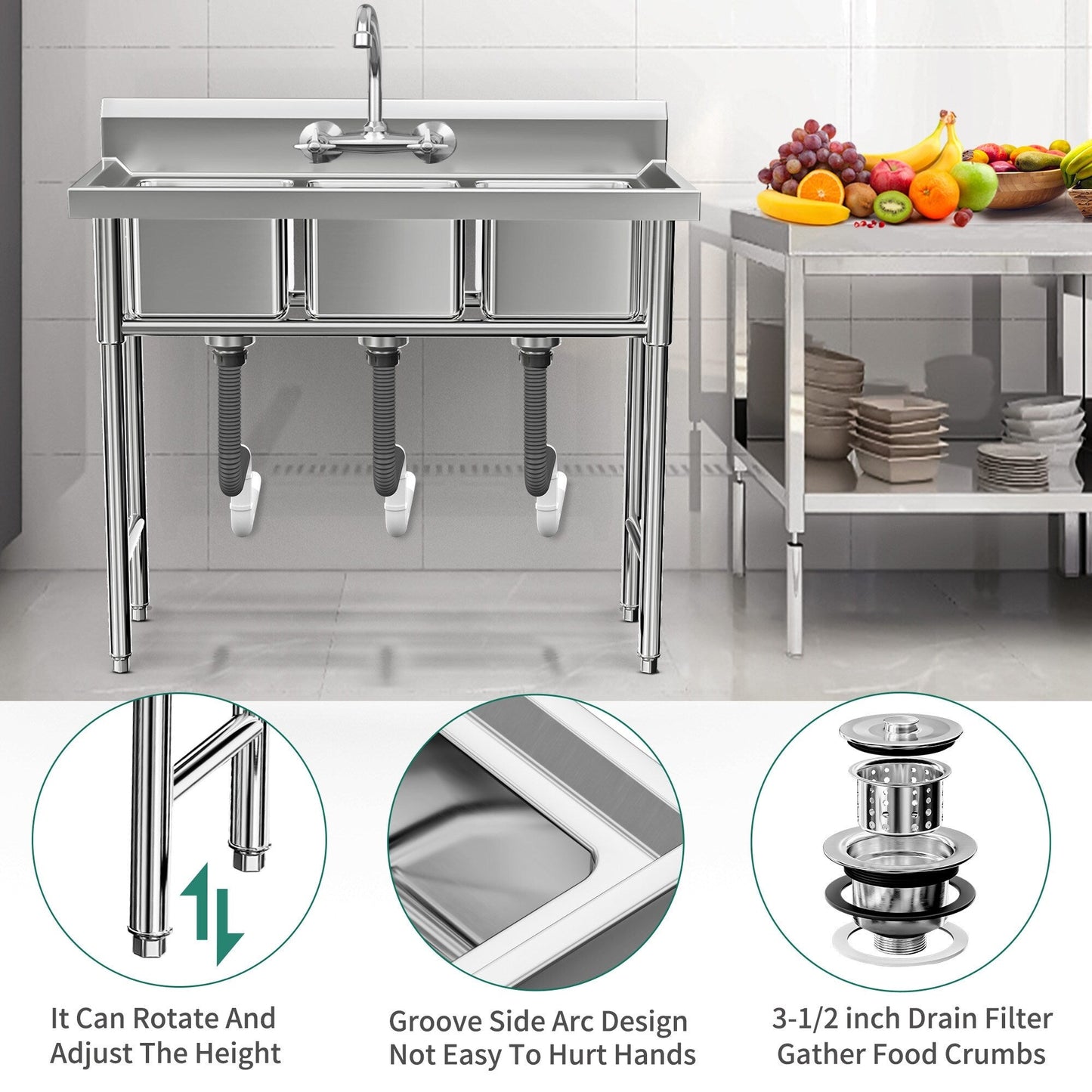 Évier de cuisine en acier inoxydable à compartiments, sur pied, de type commercial