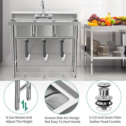 Évier de cuisine en acier inoxydable à compartiments, sur pied, de type commercial