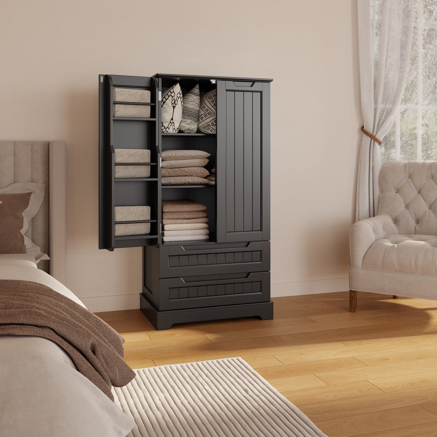 Armoire de rangement de cuisine, meuble de rangement de salle de bain autoportant avec 2 portes et tiroirs