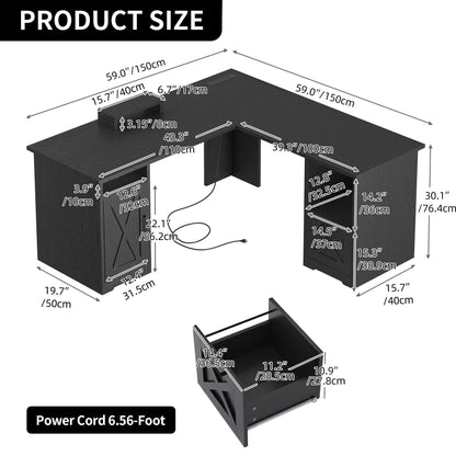 Bureau d'angle gaming Moasis en forme de L, 150 cm (59 pouces), avec support pour écran