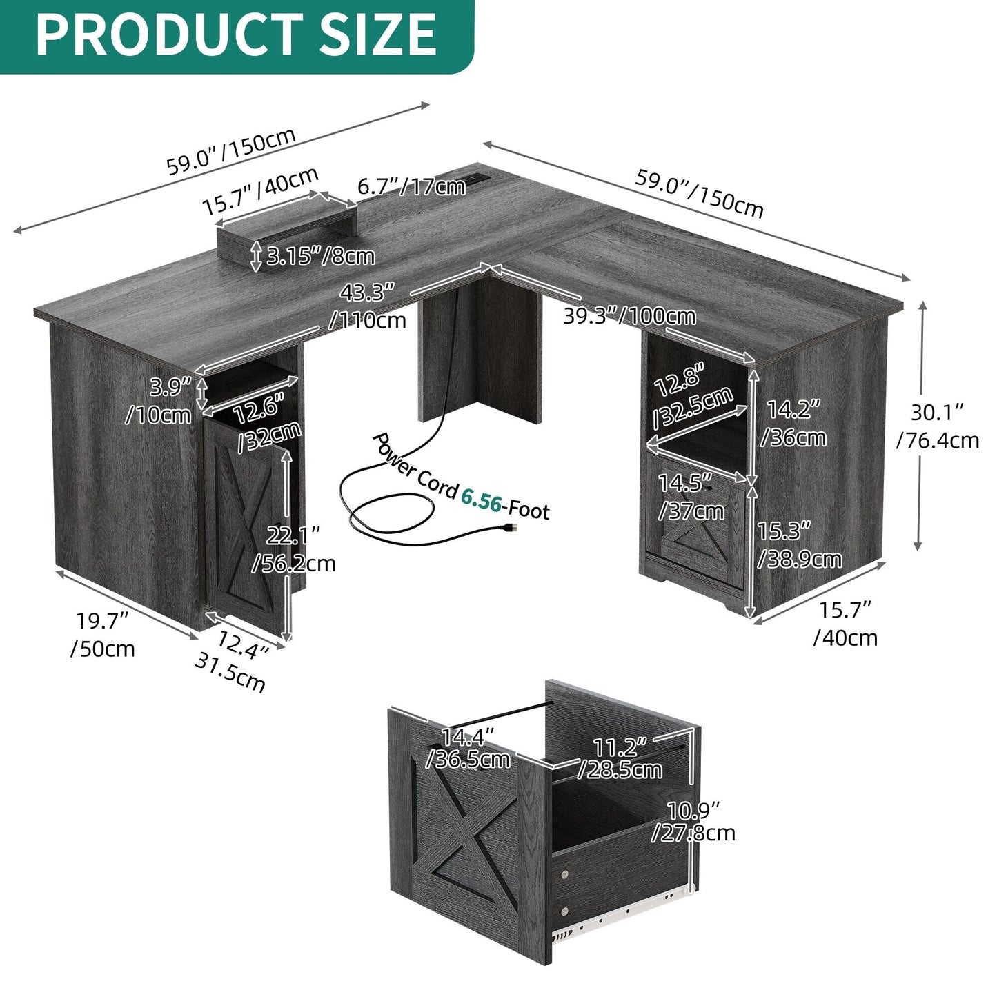 Bureau d'angle gaming Moasis en forme de L, 150 cm (59 pouces), avec support pour écran