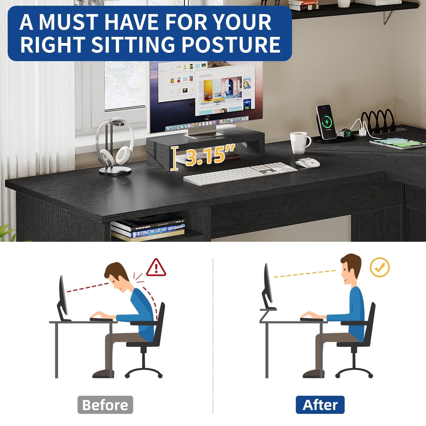 Bureau d'angle gaming Moasis en forme de L, 150 cm (59 pouces), avec support pour écran