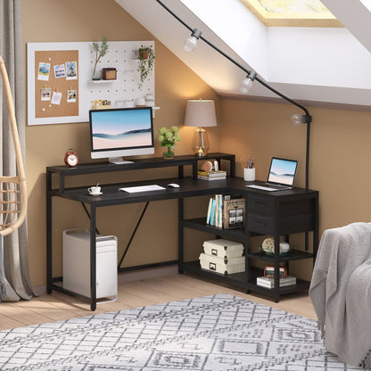 Bureau en L avec tiroir, bureau d'angle pour bureau à domicile avec étagères de rangement et support pour écran, bureau PC rustique pour petits espaces