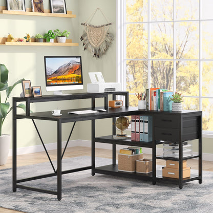Bureau en L avec tiroir, bureau d'angle pour bureau à domicile avec étagères de rangement et support pour écran, bureau PC rustique pour petits espaces