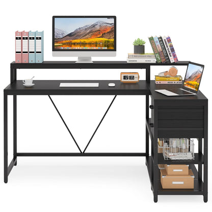 Bureau en L avec tiroir, bureau d'angle pour bureau à domicile avec étagères de rangement et support pour écran, bureau PC rustique pour petits espaces