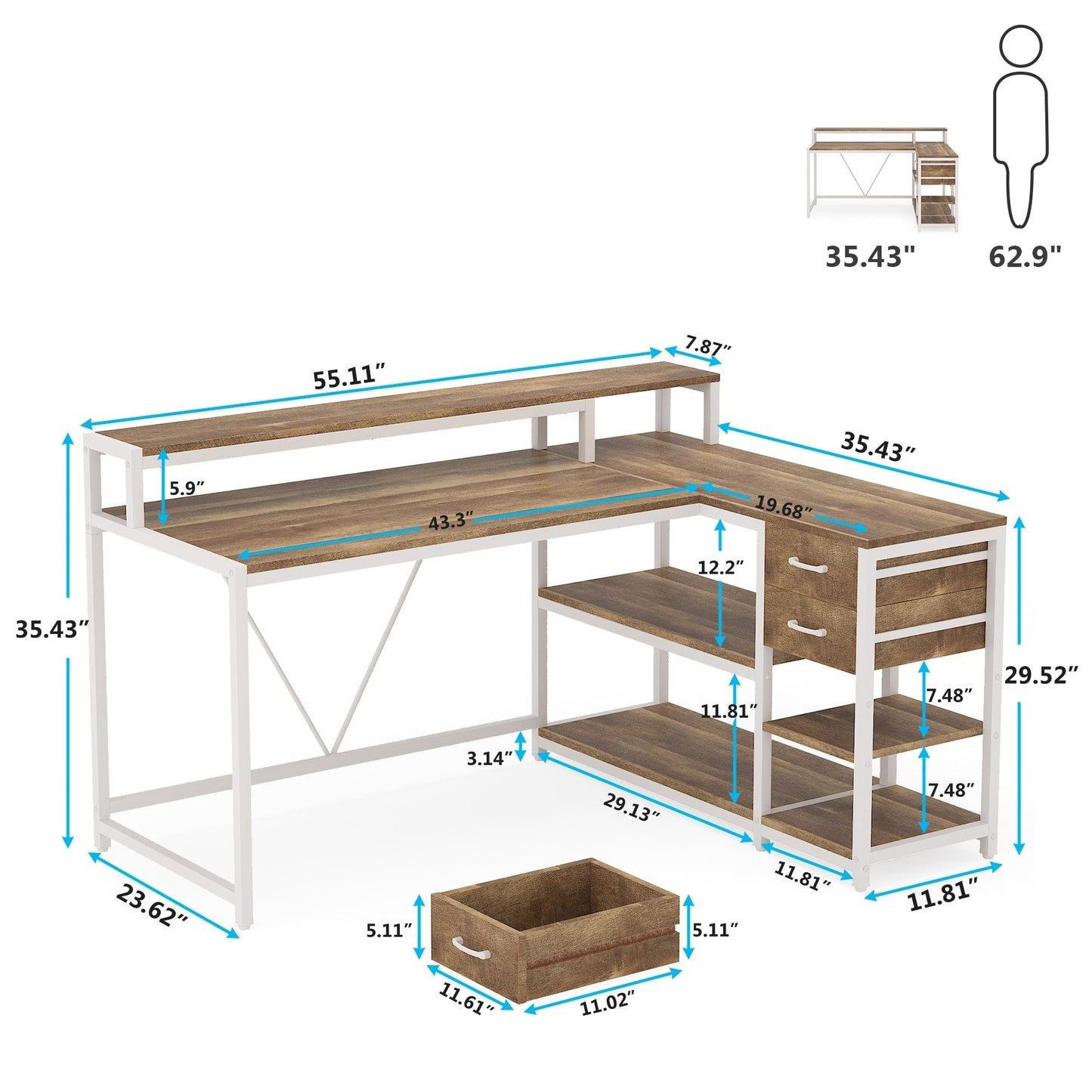 Bureau en L avec tiroir, bureau d'angle pour bureau à domicile avec étagères de rangement et support pour écran, bureau PC rustique pour petits espaces