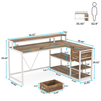 Bureau en L avec tiroir, bureau d'angle pour bureau à domicile avec étagères de rangement et support pour écran, bureau PC rustique pour petits espaces
