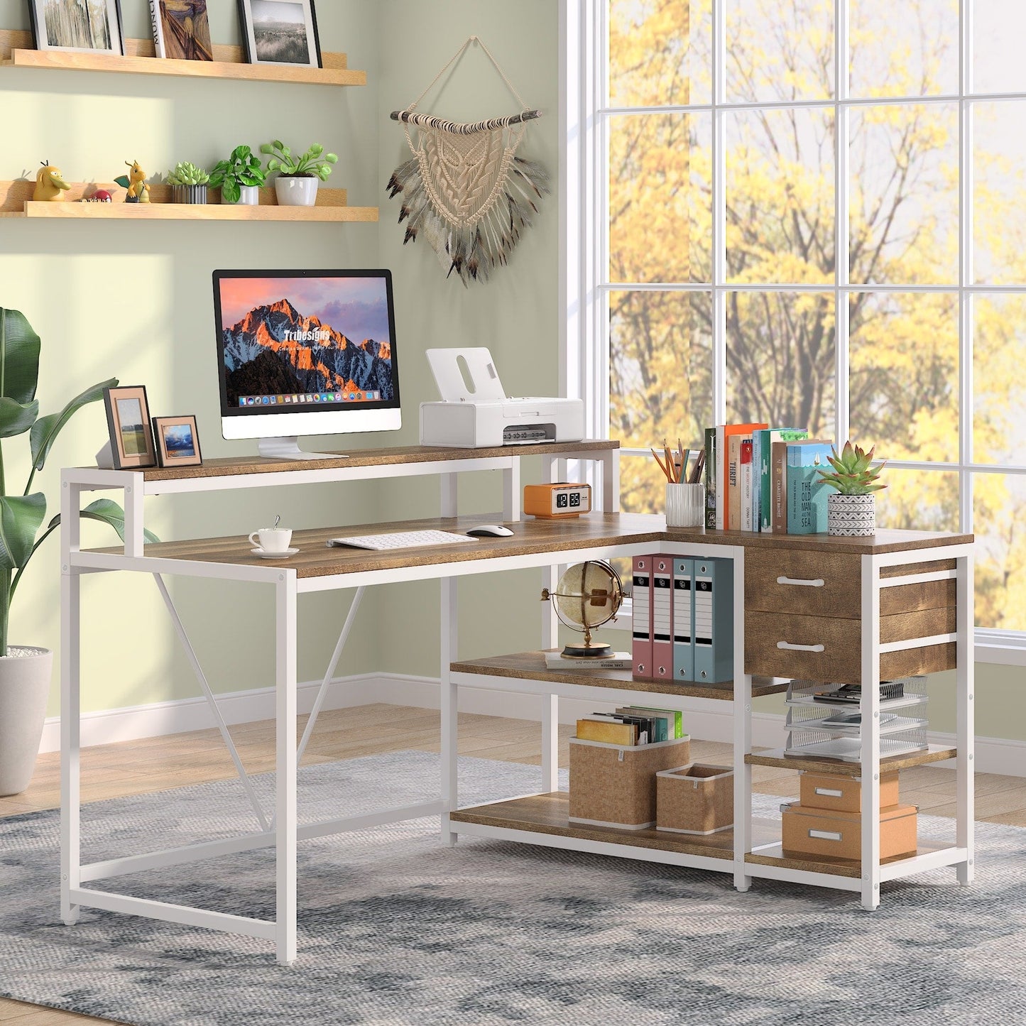 Bureau en L avec tiroir, bureau d'angle pour bureau à domicile avec étagères de rangement et support pour écran, bureau PC rustique pour petits espaces