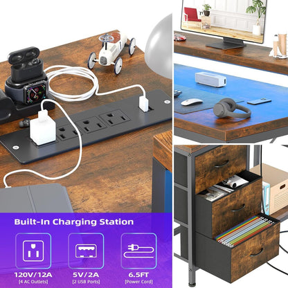 Bureau en L avec prises électriques et éclairage LED