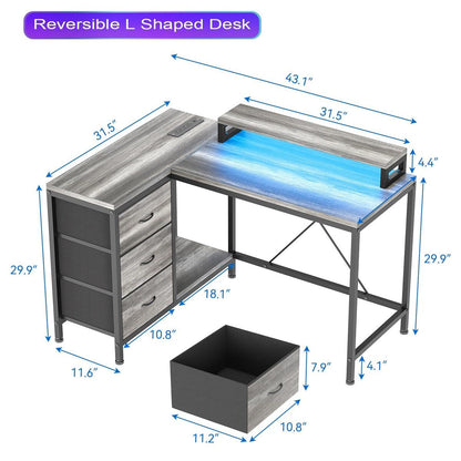 Bureau en L avec prises électriques et éclairage LED