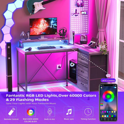 Bureau en L avec prises électriques et éclairage LED