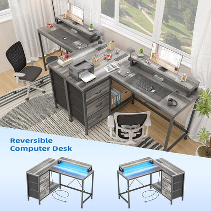 Bureau en L avec prises électriques et éclairage LED