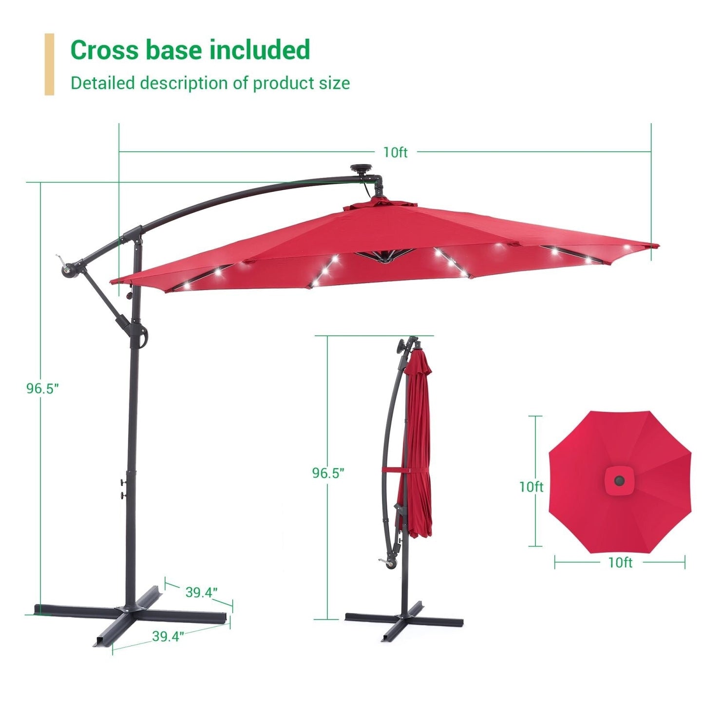 Parasol déporté de terrasse LIVOOSUN de 3 m avec éclairage LED et base en croix