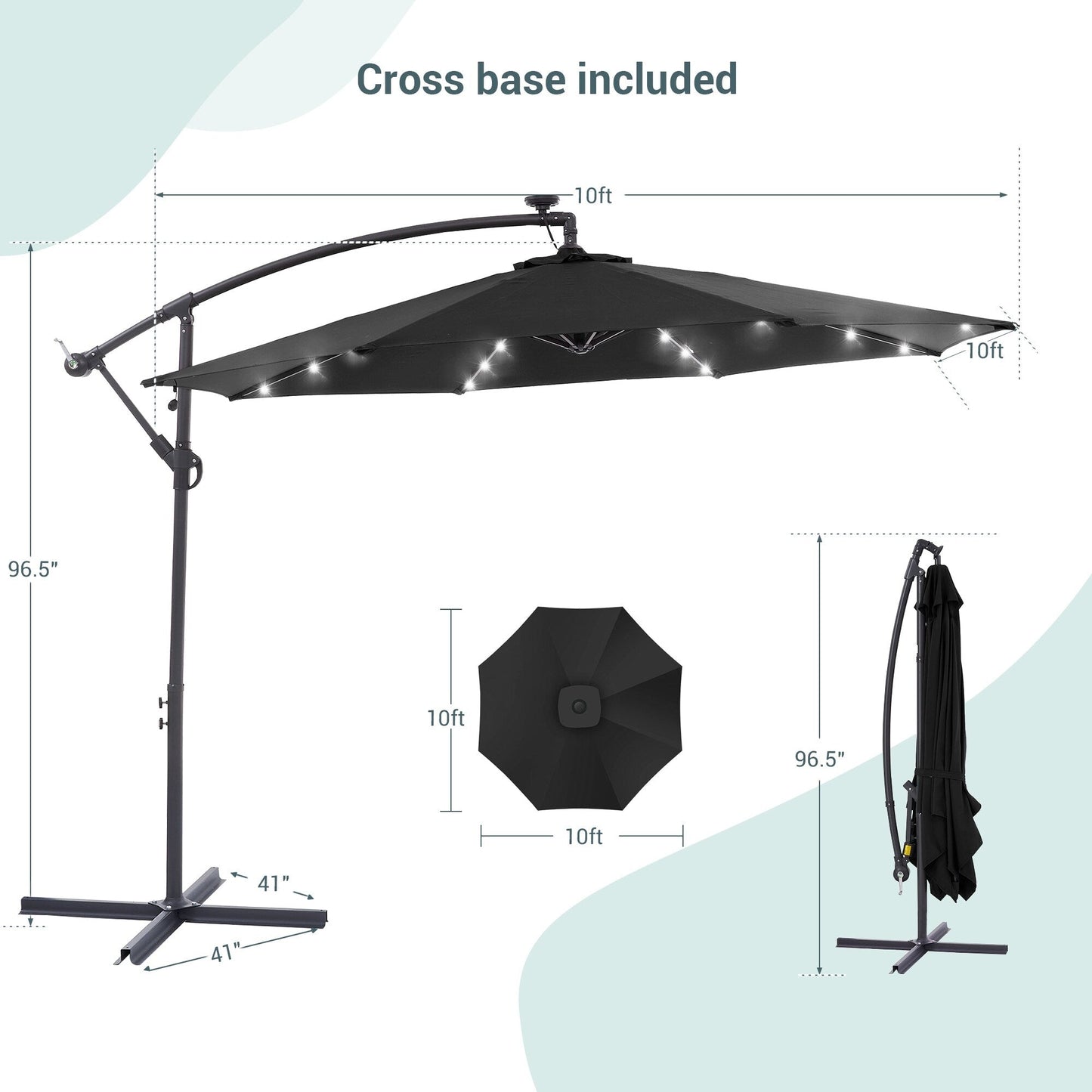 Parasol déporté de terrasse LIVOOSUN de 3 m avec éclairage LED et base en croix
