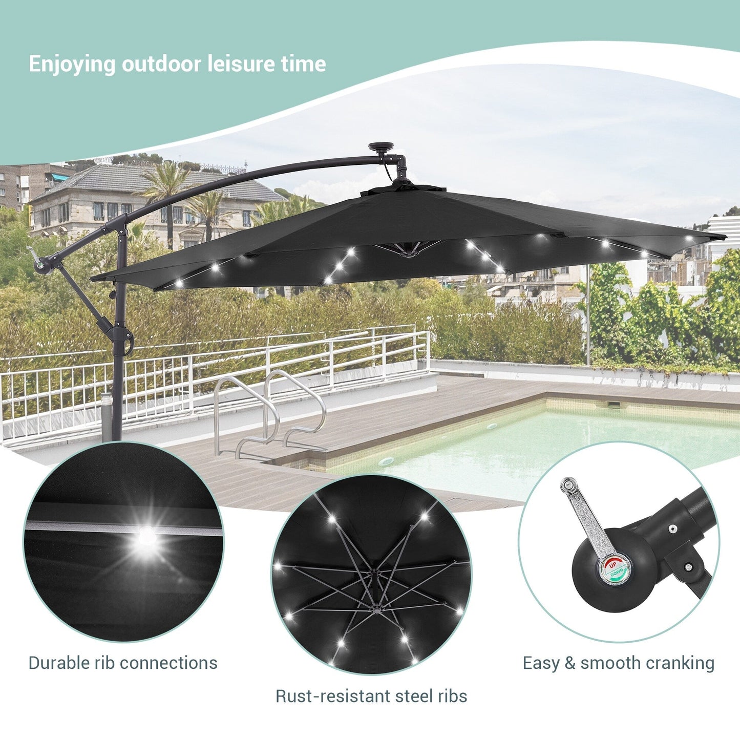 Parasol déporté de terrasse LIVOOSUN de 3 m avec éclairage LED et base en croix