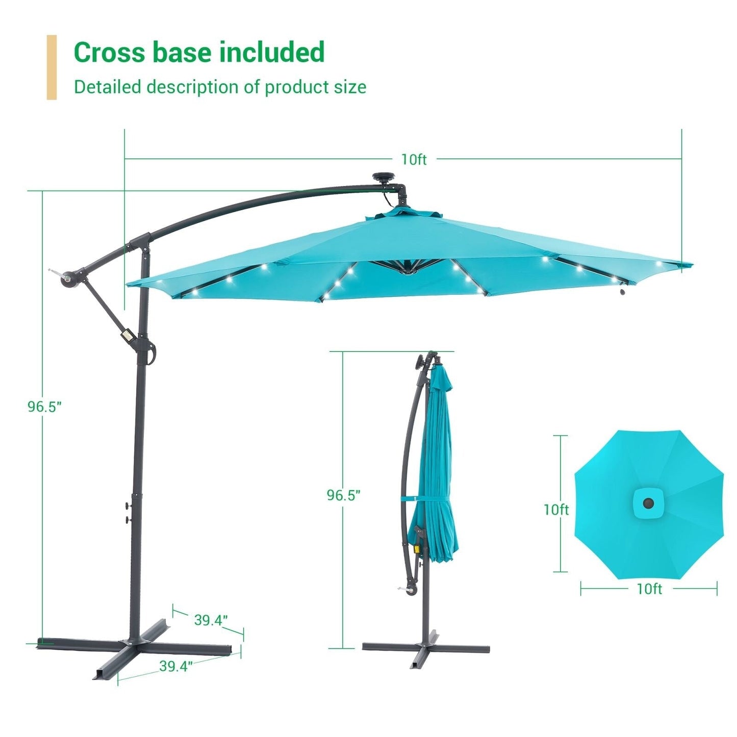 Parasol déporté de terrasse LIVOOSUN de 3 m avec éclairage LED et base en croix