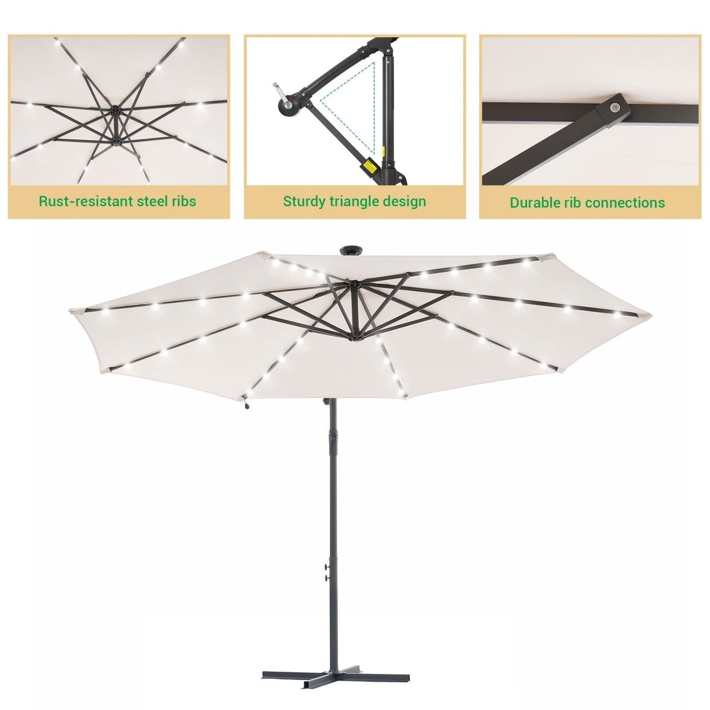 Parasol déporté de terrasse LIVOOSUN de 3 m avec éclairage LED et base en croix