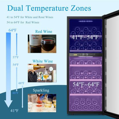 Cave à vin Lanbo 20 pouces, 64 bouteilles, double zone, pose libre, porte vitrée avec garniture en acier inoxydable et deux verrous de sécurité