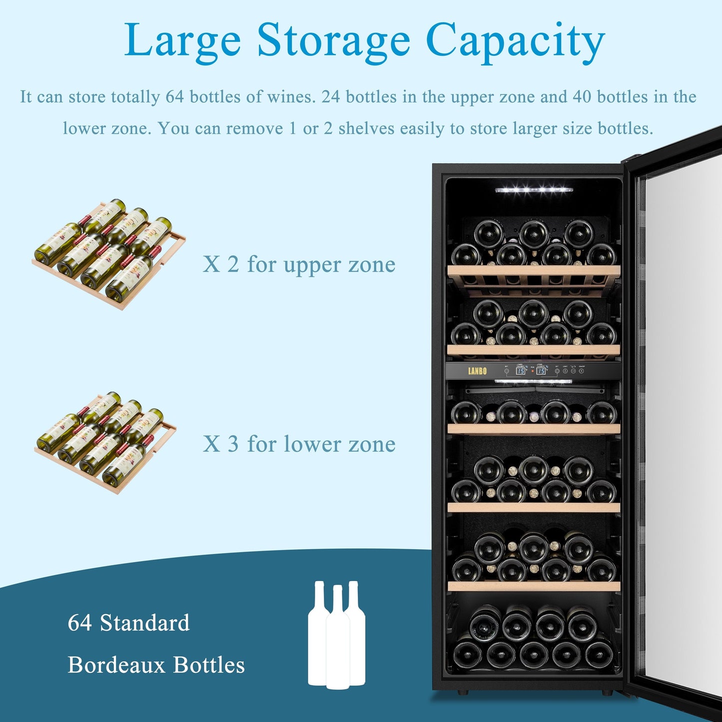 Cave à vin Lanbo 20 pouces, 64 bouteilles, double zone, pose libre, porte vitrée avec garniture en acier inoxydable et deux verrous de sécurité