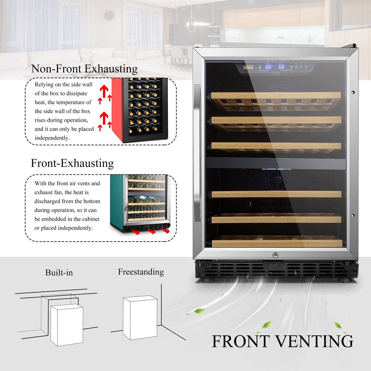 Cave à vin Lanbo 24 pouces à compresseur double zone intégré, 44 bouteilles