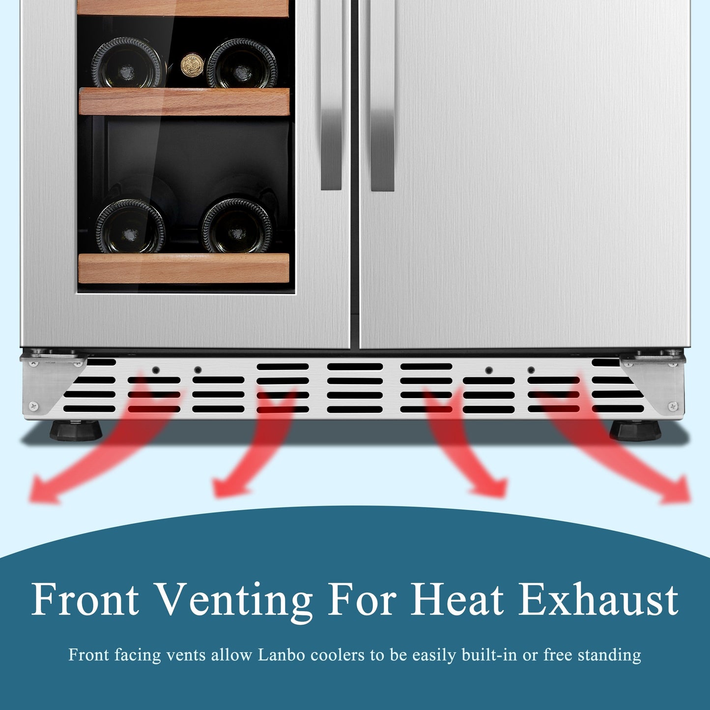 Cave à vin Lanbo 24 pouces à double zone, 18 bouteilles de vin et 55 canettes, acier inoxydable et verre, avec porte française