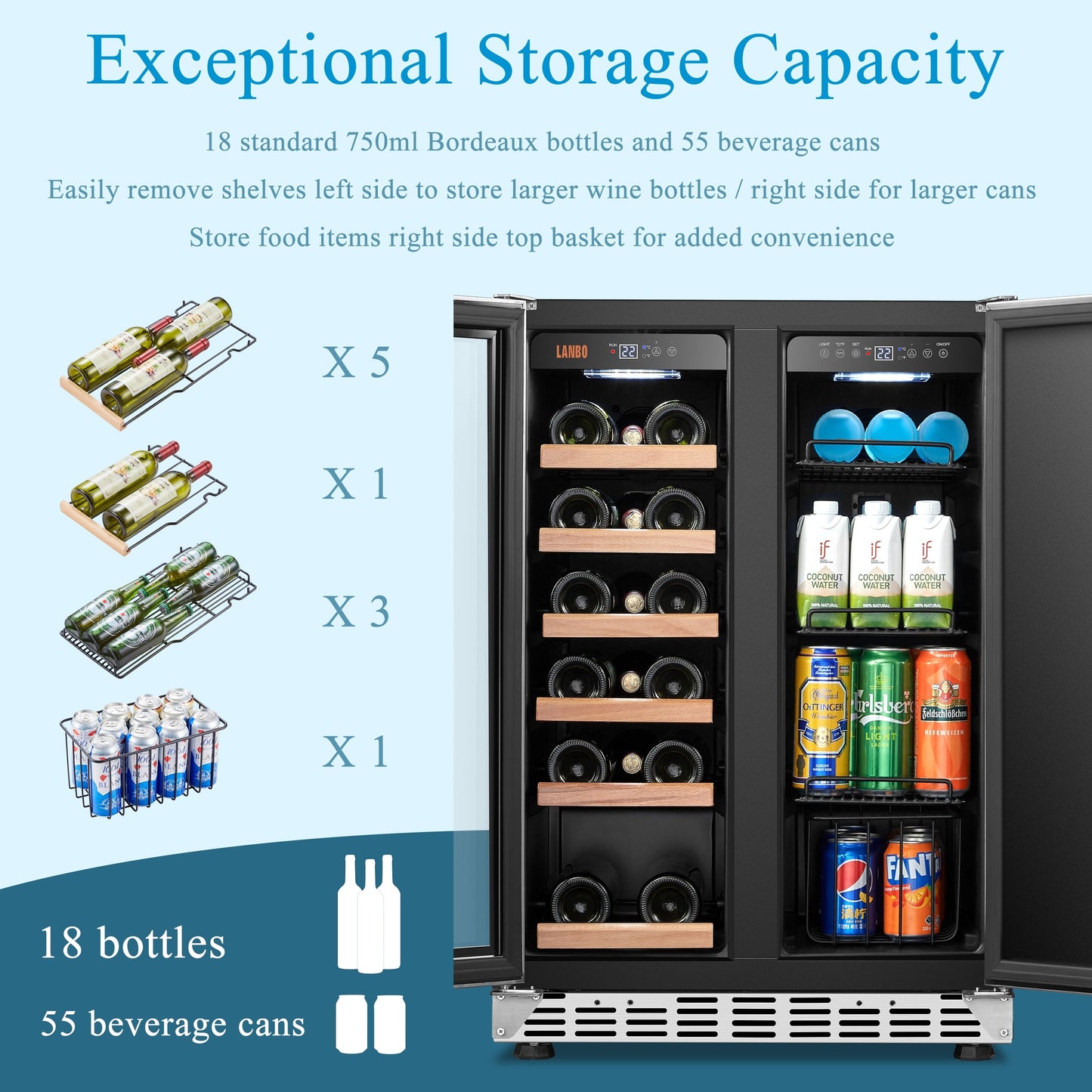 Cave à vin Lanbo 24 pouces à double zone, 18 bouteilles de vin et 55 canettes, acier inoxydable et verre, avec porte française