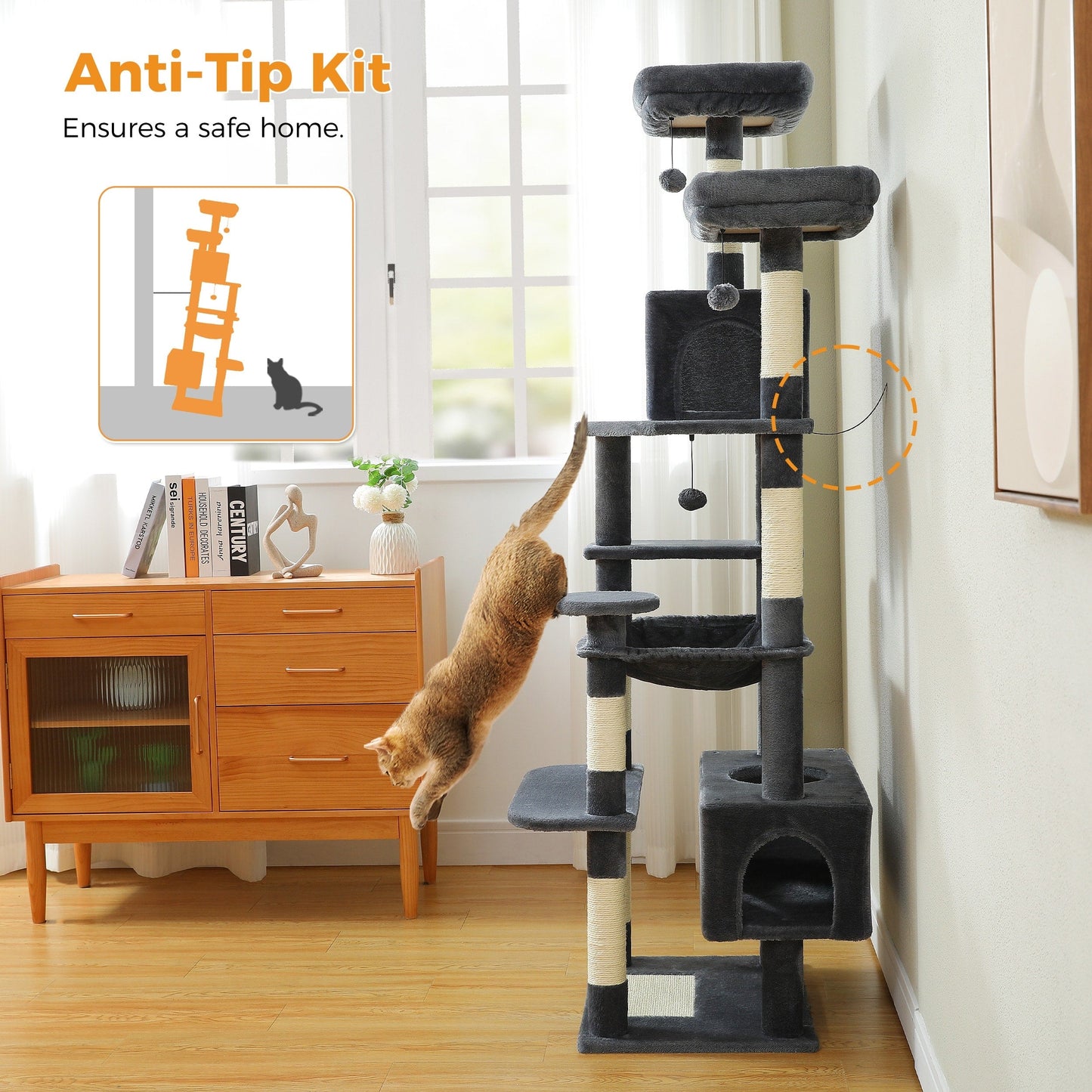 Arbre à chat géant avec griffoirs et coussins, 2 perchoirs rembourrés, double niche et panier