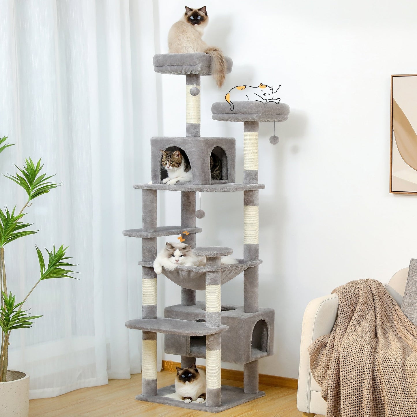 Arbre à chat géant avec griffoirs et coussins, 2 perchoirs rembourrés, double niche et panier
