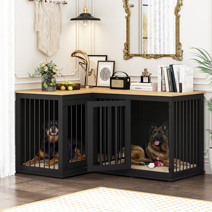 Grand meuble d'angle pour 2 chiens, cage en forme de L - 58,7 x 41,1 pouces