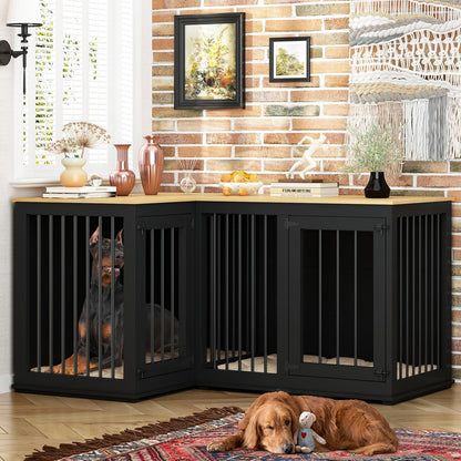 Grand meuble d'angle pour 2 chiens, cage en forme de L - 58,7 x 41,1 pouces
