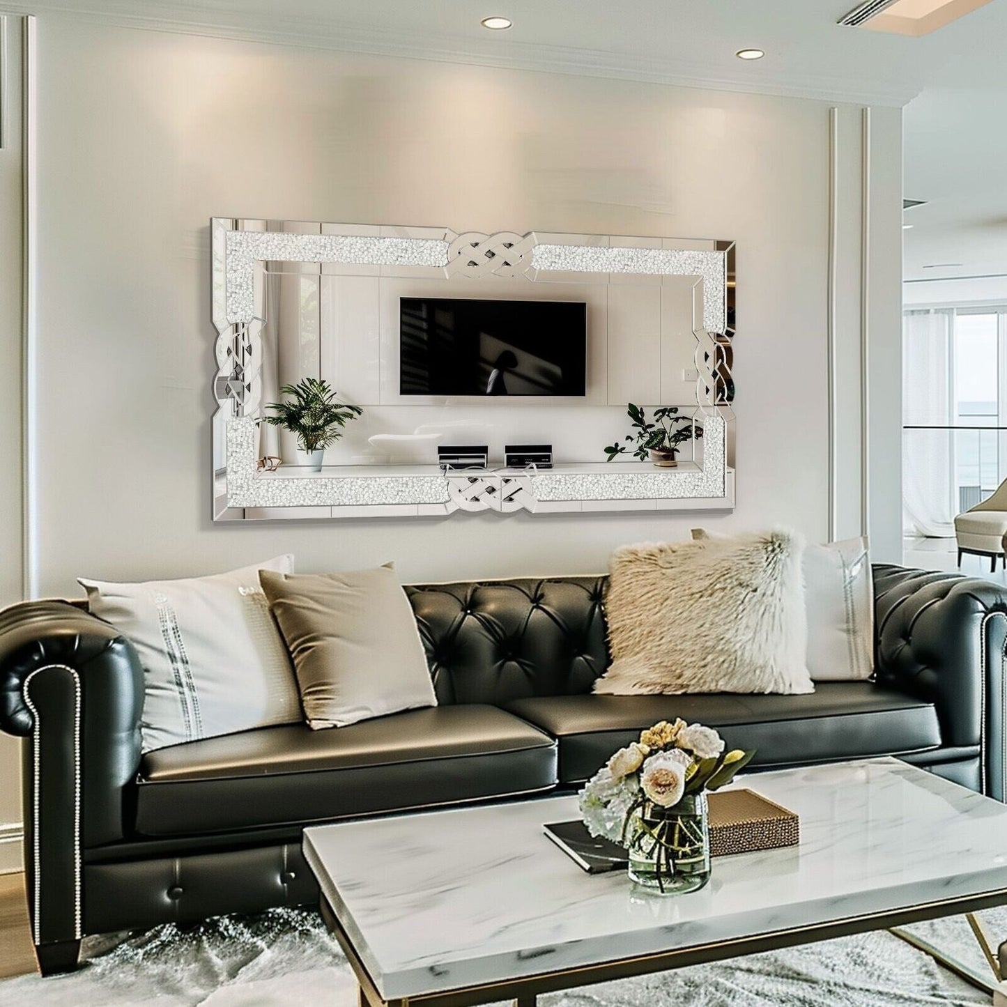 Grand miroir mural rectangulaire à miroirs emboîtables et perles de cristal