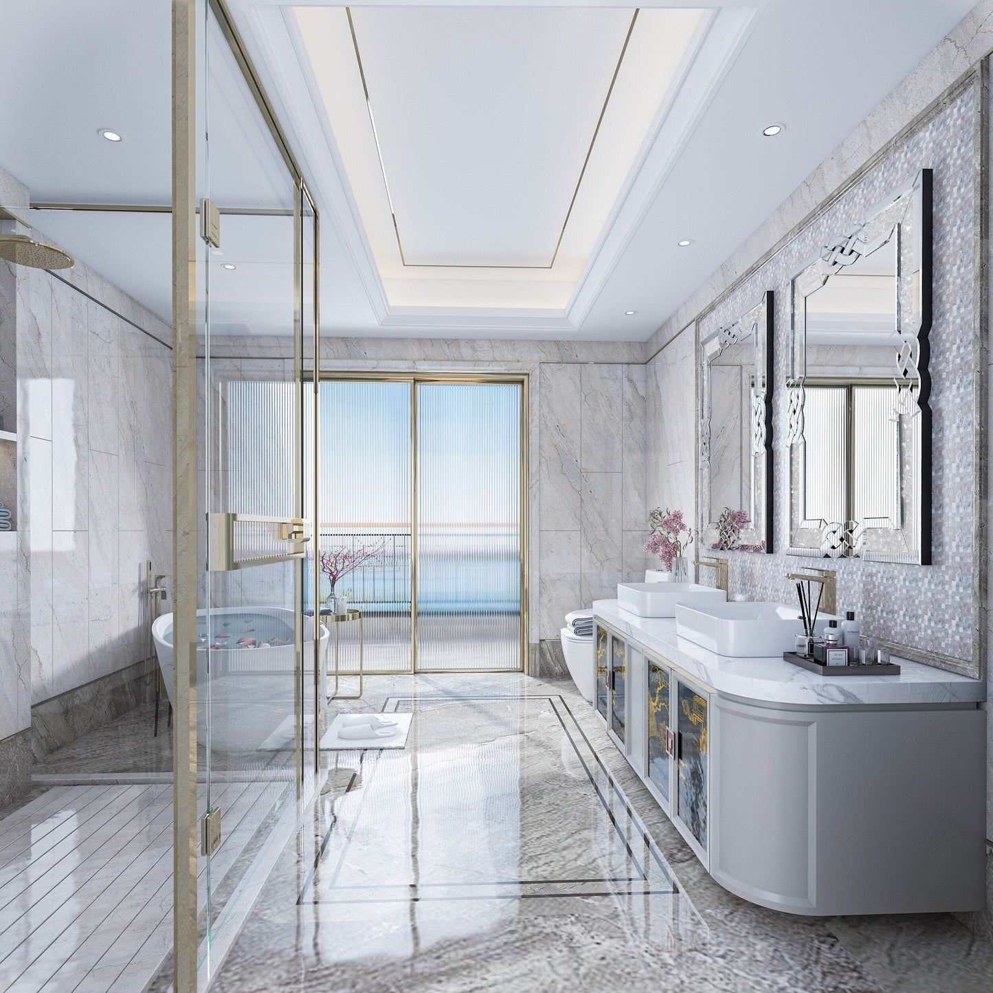 Grand miroir mural rectangulaire à miroirs emboîtables et perles de cristal