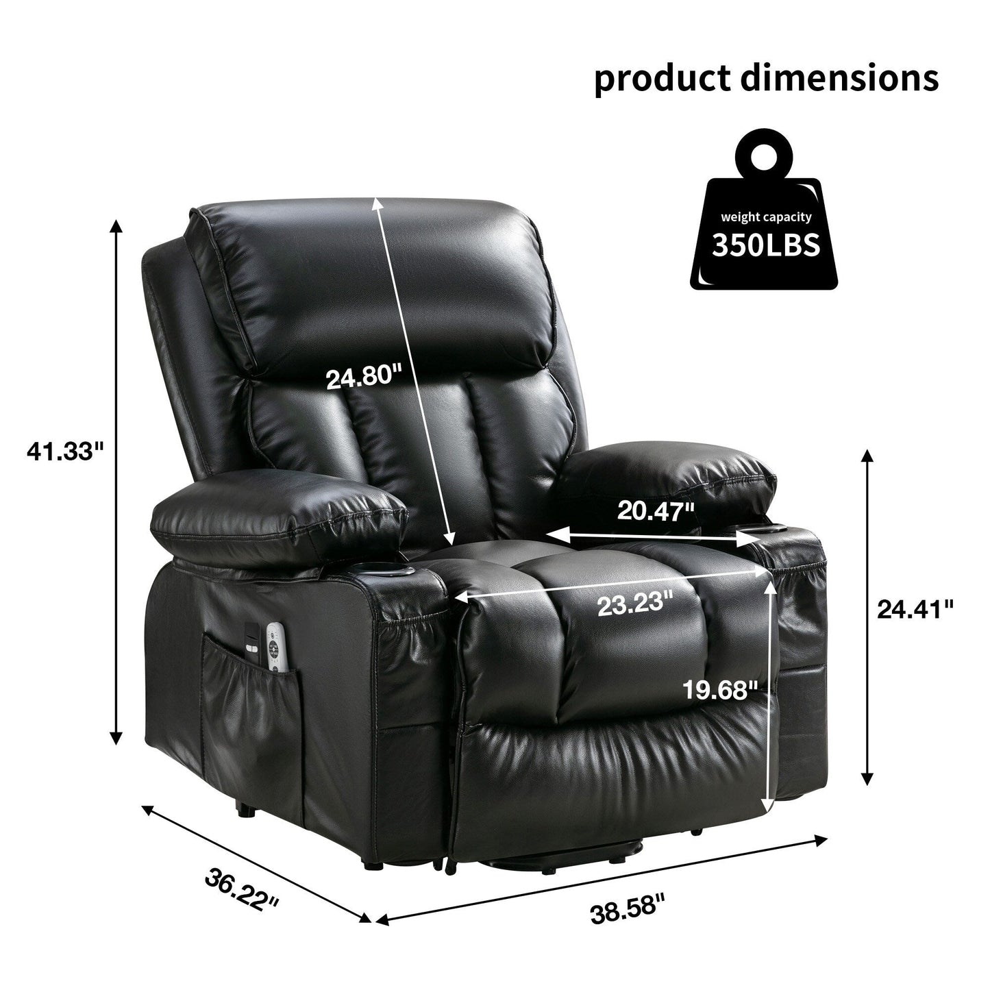 Grand fauteuil releveur électrique inclinable avec fonction chauffante et massage 8 points - Télécommande, port USB