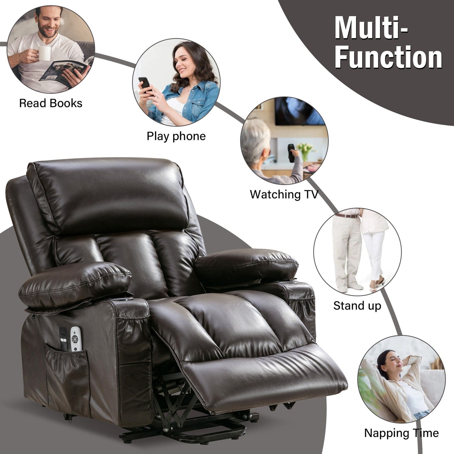 Grand fauteuil releveur électrique inclinable avec fonction chauffante et massage 8 points - Télécommande, port USB