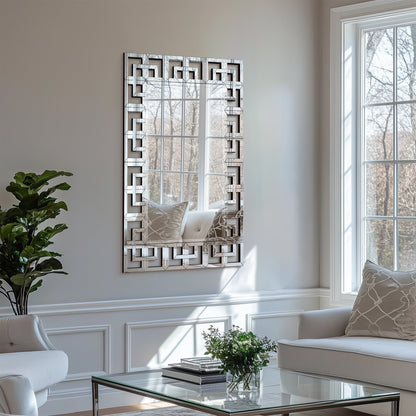 Grand miroir décoratif mural avec cadre géométrique argenté