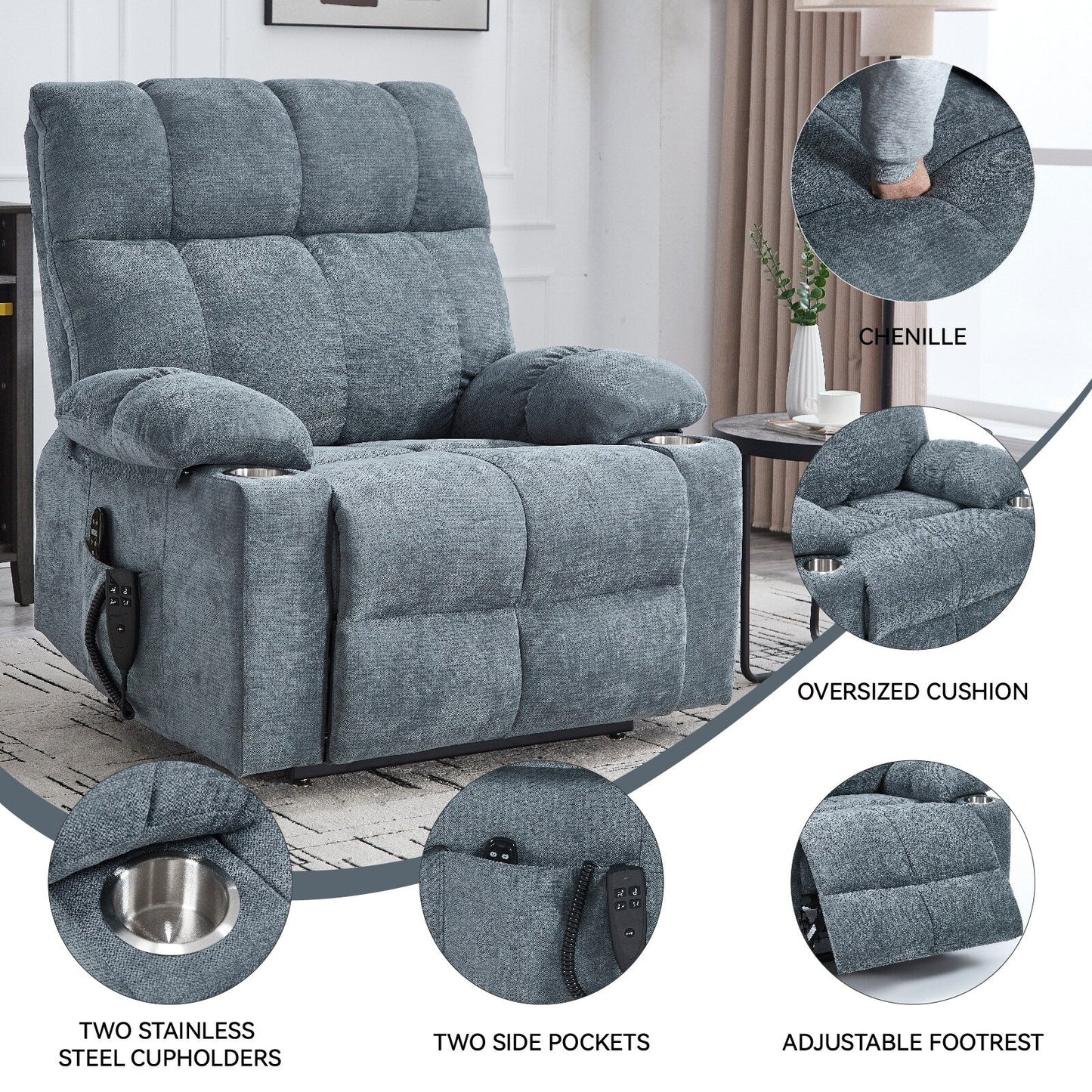 Fauteuil inclinable électrique Lazy Boy à double moteur en chenille avec fonction massage et chauffage lombaire, deux porte-gobelets, gris-bleu