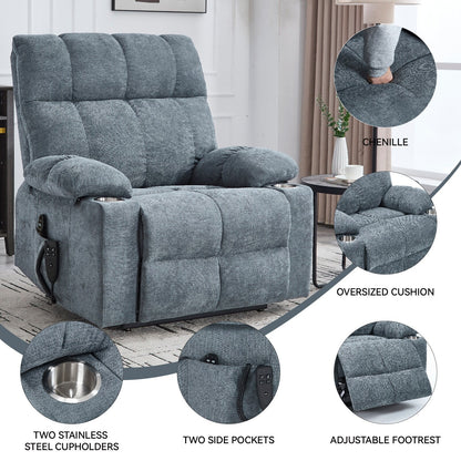 Fauteuil inclinable électrique Lazy Boy à double moteur en chenille avec fonction massage et chauffage lombaire, deux porte-gobelets, gris-bleu