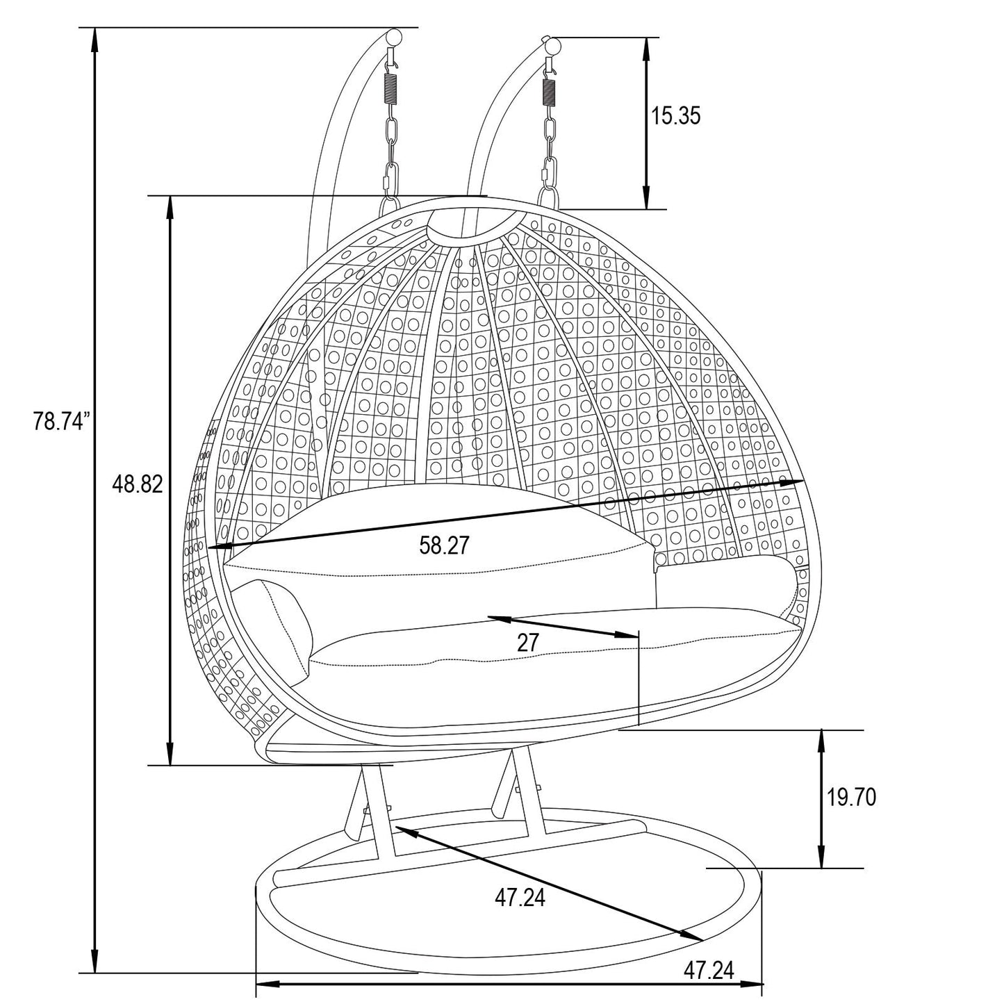 Fauteuil suspendu œuf LeisureMod pour 2 personnes avec support - Balancelle hamac/fauteuil roulant d'extérieur/intérieur en rotin tressé avec coussins