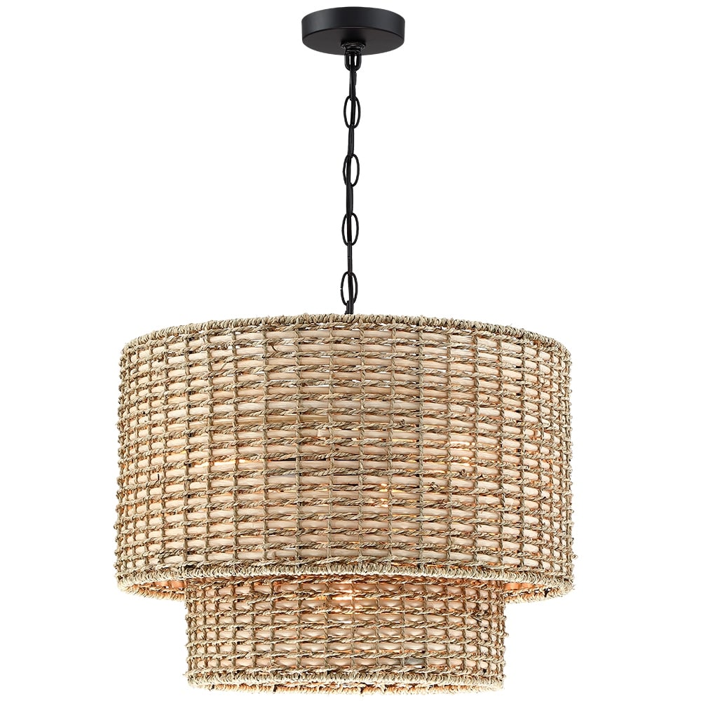 Lustre Lennie à 4 lumières en rotin, structure cylindrique étagée, avec rosace noire - 51 cm de largeur - 51 cm de largeur