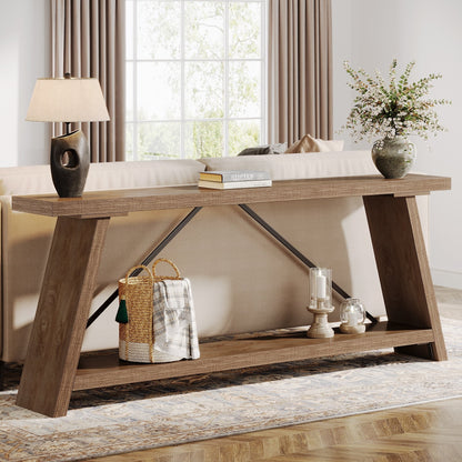 Console/table basse rustique en bois de 180 cm de long avec étagère de rangement
