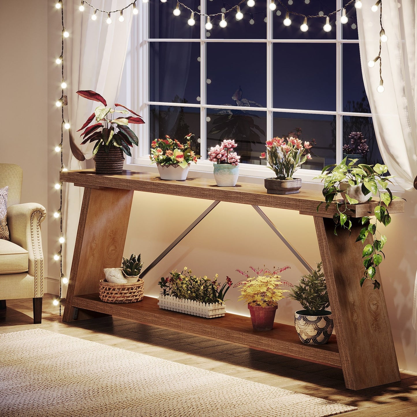 Console/table basse rustique en bois de 180 cm de long avec étagère de rangement
