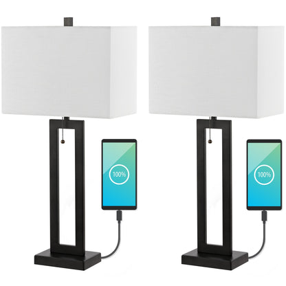 Lampe de table LED Lucie 28,5 en fer style industriel vintage avec chaînette et port de chargement USB (lot de 2) par JONATHAN Y