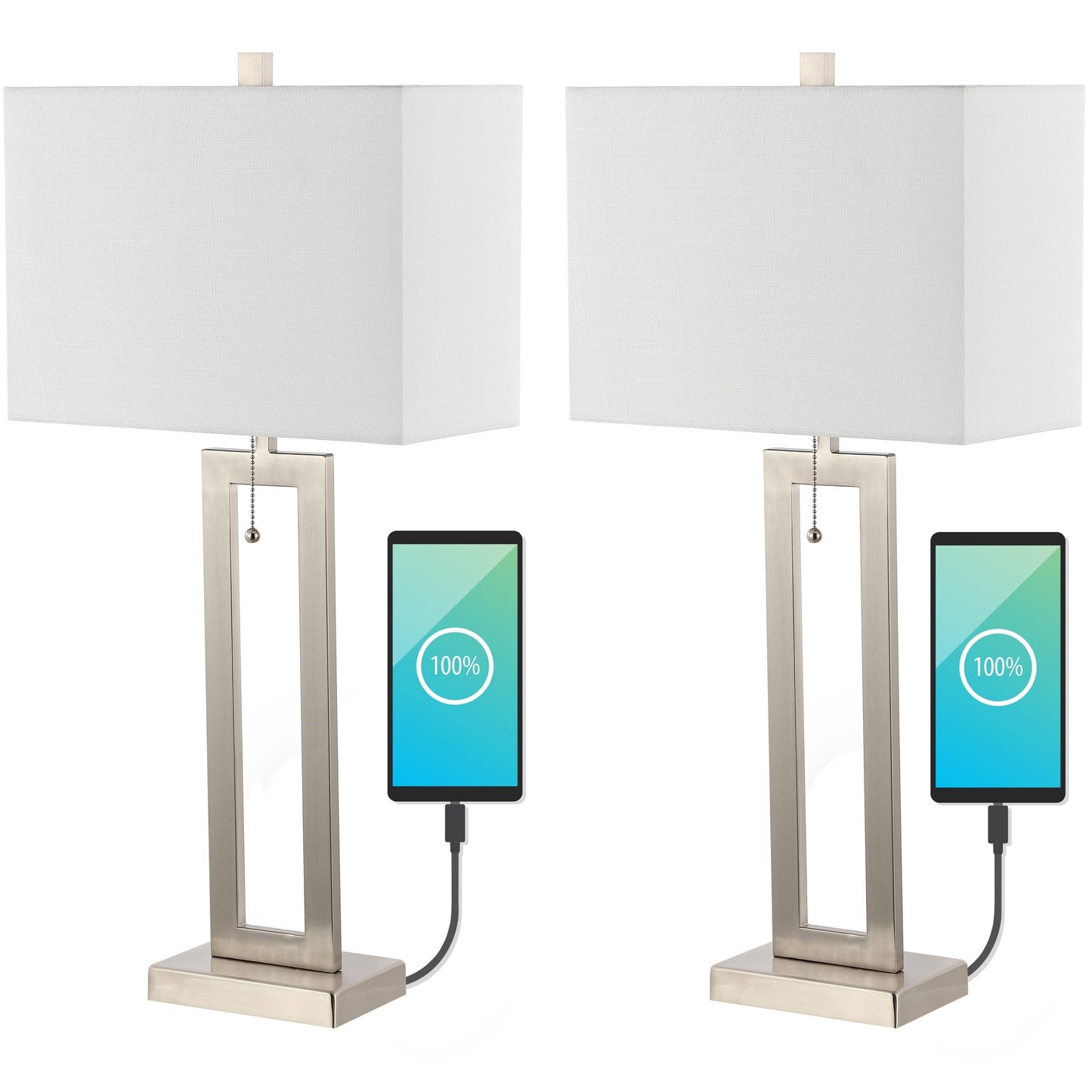 Lampe de table LED Lucie 28,5 en fer style industriel vintage avec chaînette et port de chargement USB (lot de 2) par JONATHAN Y